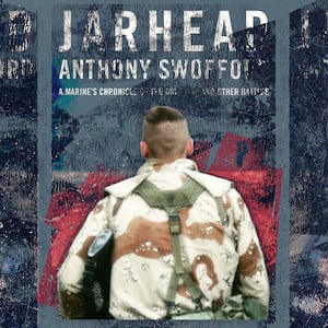 A photo illustration showing the back of a US Marine and the Jarhead book by Anthony Swofford.