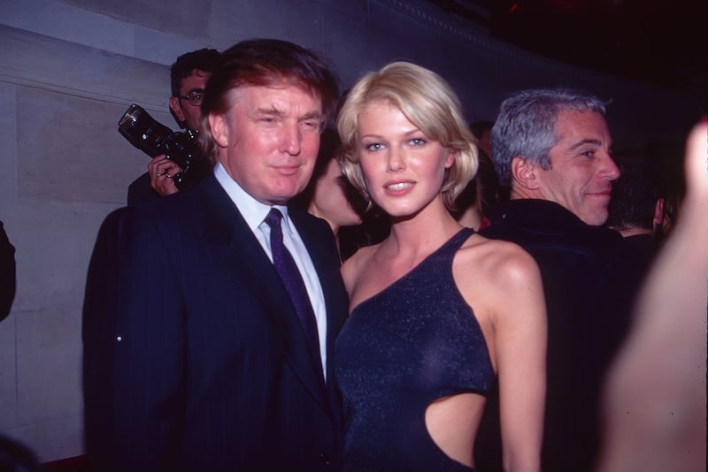 Donald Trump, Belgian model Ingrid Seynhaeve and Jeffrey Epstein attend the Victoria's Secret 