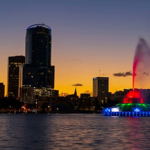 Lake Eola Park, shows Linton Memorial Fountain and Lights, Orlando, Florida. (Photo by: Visions of America/Joseph Sohm/UCG/Universal Images Group via Getty Images)