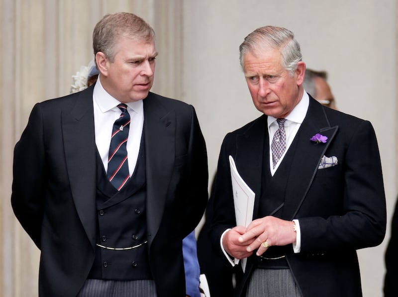 Prince Andrew, left, and Prince Charles, attend a Service of Thanksgiving to celebrate Queen Elizabeth II's Diamond Jubilee at St Paul's Cathedral on June 5, 2012 in London, England.