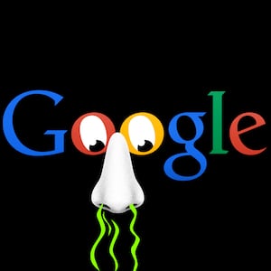 Photo illustration of the Google logo with the “O”s as eyes and a cut out nose placed on top, with smell lines going into the nose.