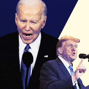 A photo illustration showing Joe Biden and Donald Trump giving impassioned speeches.