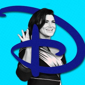 A photo illustration of Giana Carano and the Disney logo.