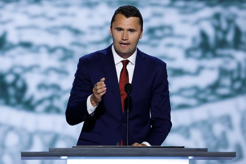 Charlie Kirk speaks on stage on the first day of the 2024 Republican National Convention.