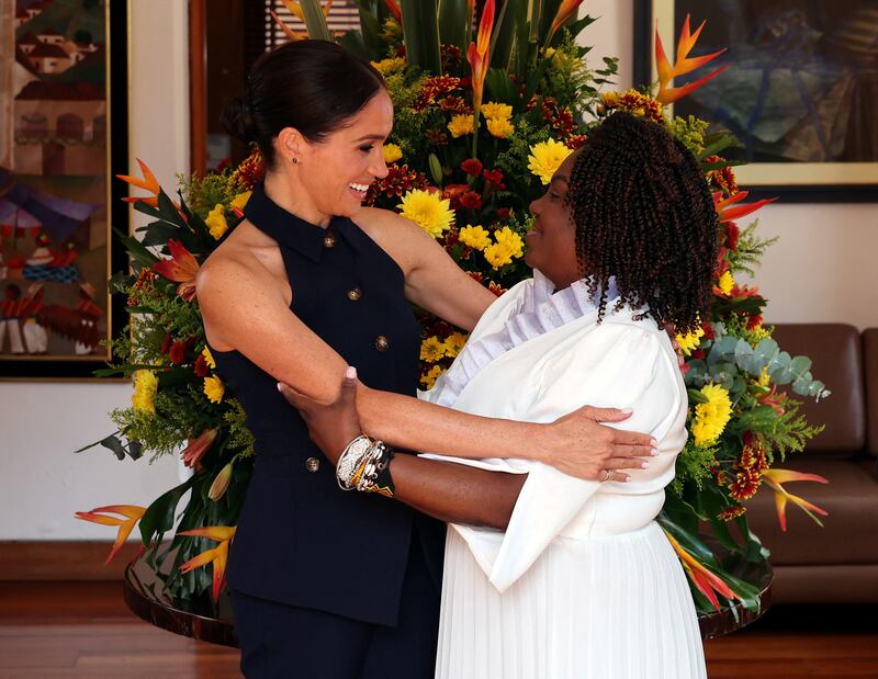 Meghan, Duchess of Sussex, and Colombia's Vice President Francia Marquez hug, in Bogota, Colombia August 15, 2024.