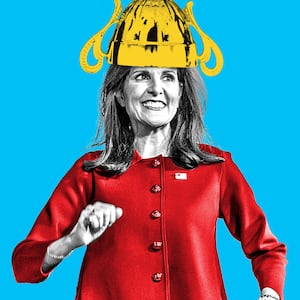 A photo illustration of Nikki Haley with a trophy on her head.