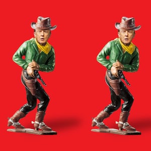 A photo illustration of Donald Trump as a toy cowboy