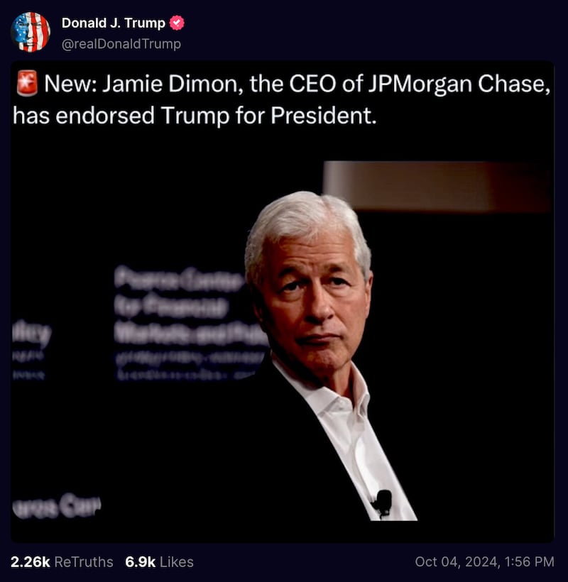 Donald Trump’s post to Truth Social about the fake endorsement of Jamie Dimon.