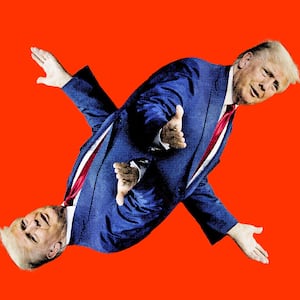 A photo illustration of Donald Trump with his arms extended