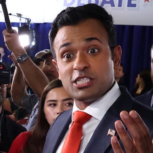 Republican presidential candidate, Vivek Ramaswamy talks to members of the media in the spin room following the first debate of the GOP primary season in Milwaukee, Wisconsin. 