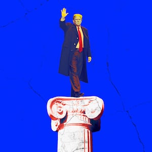 A photo illustration of former President Donald Trump standing on a cracked marble pillar.