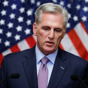 Former Speaker of the House Kevin McCarthy (R-CA) speaks to reporters after he was ousted from the position of Speaker