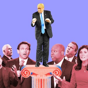 A photo composite of Donald Trump standing on a pedestal surrounded by Nikki Haley, Tim Scott, Ron DeSantis, Chris Christie, Vivek Ramaswamy and Mike Pence. 