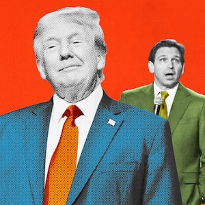 Donald Trump smirks as Ron DeSantis speaks in a photo illustration