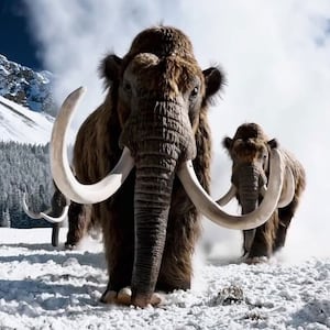 Mammoths running in a frozen tundra