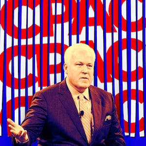 A photo illustration Matt Schlapp, Chairman of the American Conservative Union, in front of shredded CPAC logos.