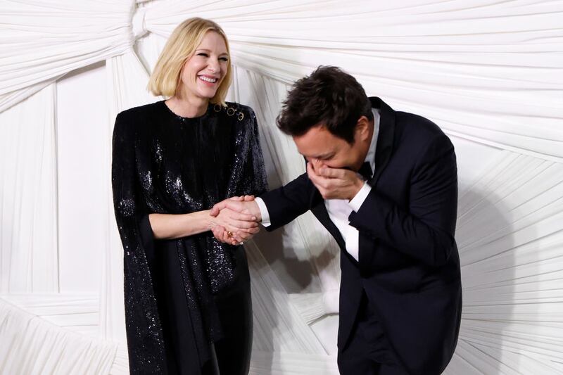 Cate Blanchett and Jimmy Fallon share a laugh outside the 2024 Albie Awards.