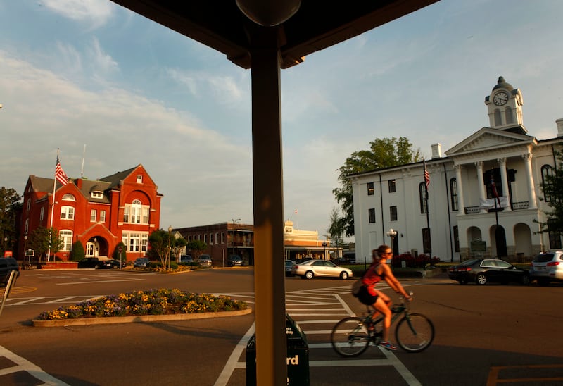 Photograph of downtown Oxford at twilight.