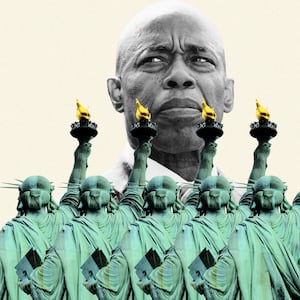 An illustration including a photo of New York City Mayor Eric Adams and The Statue of Liberty