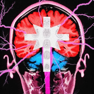 A brain scan with a scientology symbol.