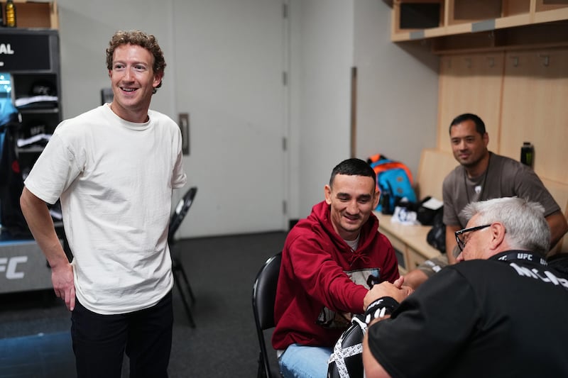 Mark Zuckerberg (left) backstage during the UFC 300 event at T-Mobile Arena on April 13, 2024 in Las Vegas, Nevada.