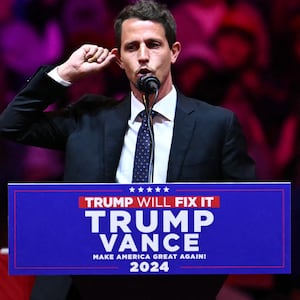 Comedian Tony Hinchcliffe speaks during a campaign rally for Republican presidential candidate Donald Trump at Madison Square Garden in New York City on October 27, 2024.