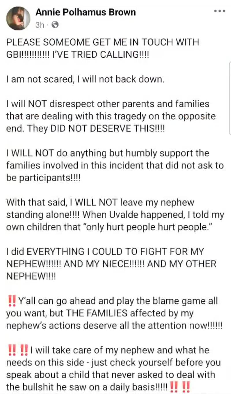 A post by Annie Polhamus Brown saying she will support her nephew accused of a Georgia school shooting.