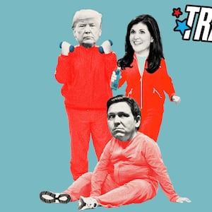 Photo illustration of Nikki Haley, Donald Trump, and Ron DeSantis in red exercise tracksuits