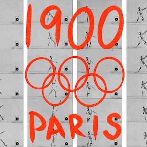 Photo illustration of a shot putter with Paris Olympics 1900