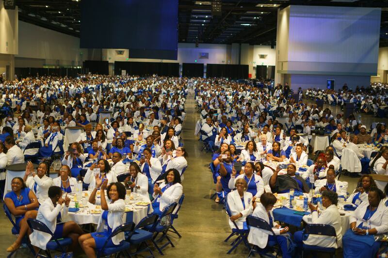 Sorority members listen as United States Vice President and Democratic Presidential candidate Kamala Harris gives the keynote speech at Zeta Phi Beta