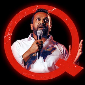 A photo illustration of Kash Patel and the QAnon symbol.