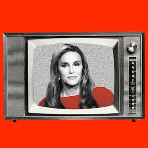 Photo illustration of three pictures of Caitlyn Jenner inside an old tv getting progressively smaller on a red background