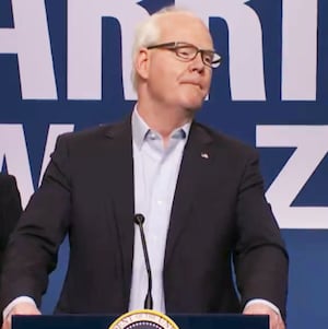 The SNL version of Kamala Harris (played by a returning Maya Rudolph) introduces her supporters to Tim Walz, played by Jim Gaffigan.