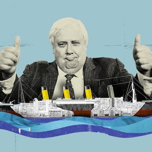 Photo illustration of Clive Palmer with the Titanic in front