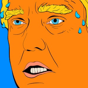 Illustration of Donald Trump with sweat coming off his forehead