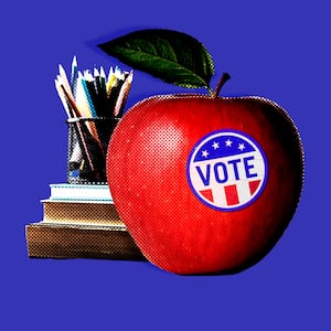 A photo illustration of an apple and Vote sticker with school supplies.