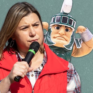 Illustration featuring Elissa Slotkin with a Michigan State University mascot over her shoulder.