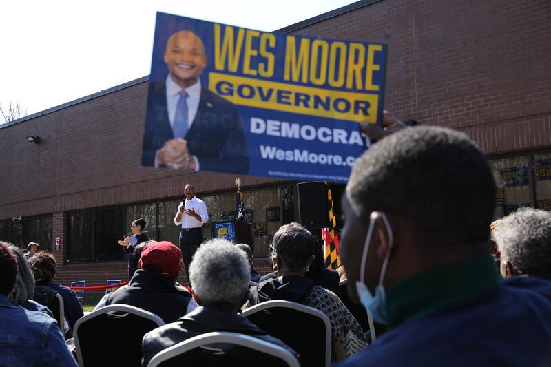 Maryland gubernatorial candidate Wes Moore onstage during his campaign office opening in Prince George’s County on March 5 in Lanham, Maryland.