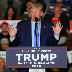 former U.S. President Donald Trump speaks during a campaign rally in Claremont, New Hampshire