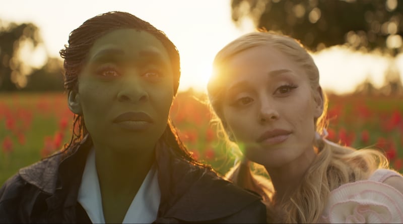 Cynthia Erivo as Elphaba and Ariana Granda as Glinda.