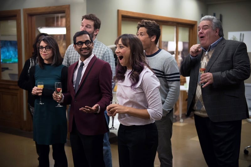 Aubrey Plaza, Aziz Ansari, Chris Pratt, Rashida Jones, Rob Lowe, and Jim O'Heir on Parks and Rec.