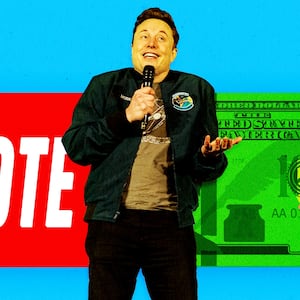 A photo illustration of Elon Musk, and giving money for votes.