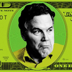 An illustration including a photo of Dave McCormick on a hundred dollar bill