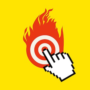 Illustration of a computer hand cursor on a red and white target set aflame.