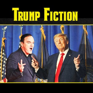 A photo illustration recreating the Pulp Fiction poster with Donald Trump and Quentin Tarantino