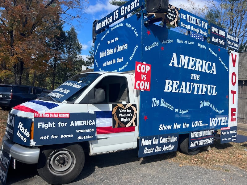 A patriotic truck for Kamala Harris for president.