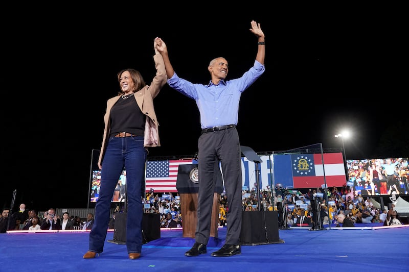 Former President Barack Obama attends a rally for Democratic presidential nominee Kamala Harris in Atlanta. Georgia on October 24, 2024.