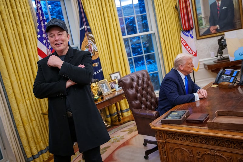 Tesla and SpaceX CEO Elon Musk and U.S. President Donald Trump appear during an executive order signing in the Oval Office at the White House on February 11, 2025 in Washington, DC.