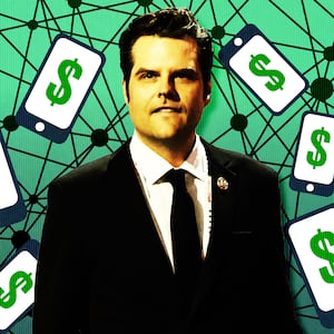 A photo illustration of Matt Gaetz and money and web.