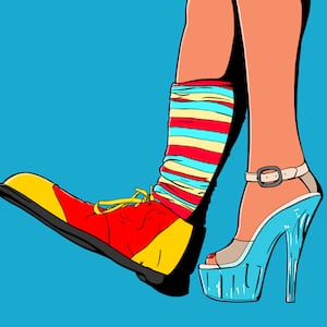 Illustration of a woman's legs with one foot wearing a "stripper" heel and the other wearing a clown shoe